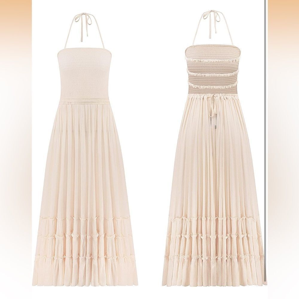 Vivimos Boho Cream backless Halter Maxi Dress Size Small - Picture 1 of 6